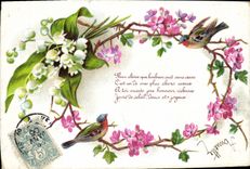 CPA Fantaisie Fleurs Oiseaux 