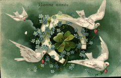 Vintage Postcard Fantasy Flowers Clover Doves