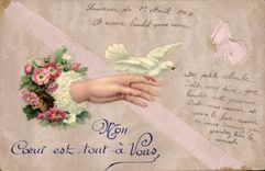 CPA Fantaisie Fleurs Main Colombe 