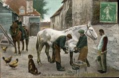 CPA Cheval Equitation Hippisme Chez Le Marechal Ferrant Militaria (carte toilee) TOP 