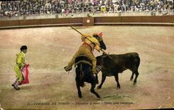 CPA Corrida Course de taureaux Taureau entraine apres sa mort par le train de muleta