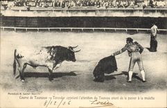CPA Corrida Course de taureaux Toreador appelant l'attention du taureau avant de le passer a la muletta 