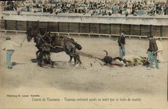 CPA Corrida Course de taureaux Taureau entraine apres sa mort par le train de mulets 
