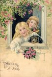 Vintage Postcard Fantasy Flowers Children Dog