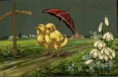 CPA Fantaisie Fleurs Poussins Paques 