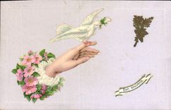 CPA Fantaisie Main Fleurs Colombe