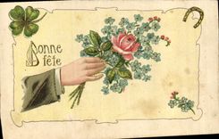 CPA Fantaisie Main Fleurs Fer a cheval