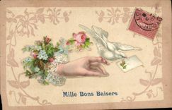 CPA Fantaisie Main Fleurs Colombe
