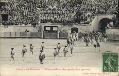 Postal Corrida Curso de toros Arenas de Beziers Presentación de las cuadrillas paseo