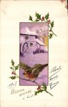 Vintage Postcard Fantaisie Flowers Bird Water mill