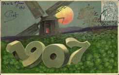 Vintage Postcard Fantaisie Flowers Year 1907 Windmill Trefles