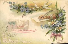 Vintage Postcard Fantasy Hand Flowers Doves