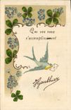 Vintage Postcard Fantasy Flowers Swallow Clover