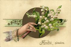 Vintage Postcard Fantasy Hand Flowers Lily of the valley