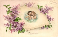 CPA Fantaisie Anges Fleurs Eventail 