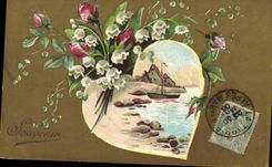 Vintage Postcard Fantasy Flowers Heart Lily of the valley Boat
