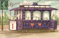 Vintage Postcard Fantasy Flowers Tram Doves Happy new year