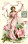 Vintage Postcard Fantasy Flowers Woman (in relief)