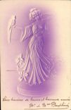 Vintage Postcard Fantasy Woman Parrot (in relief)