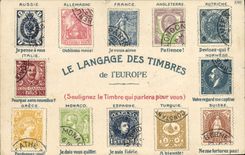 Vintage Postcard Fantasy the Language of the stamps Russia Germany France England Austria Italy Norway Greece Swiss Monaco Spain Turkey