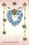 Vintage Postcard Fantasy Heart Flowers Clover