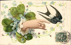 Vintage Postcard Fantasy Flowers Hand Swallow