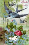 Vintage Postcard Fantasy Flowers Swallow Doves