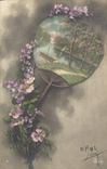 CPA Fantaisie Eventail Fleurs 
