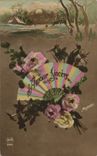 CPA Fantaisie Eventail Fleurs 