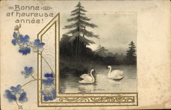 CPA Fantaisie Fleurs Cygnes 