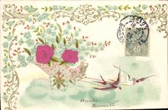 CPA Fantaisie Fleurs Hirondelles 