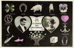 Vintage Postcard Fantasy Language of the Door Happiness Pig Pig Clover