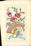 CPA Fantaisie Brodee Fleurs Eventail 