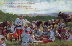 CPA Militaria Une bonne partie Cartes Alcool de menthe et eau de Melisse Carmes du Frere Mathias Marseille