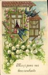 Vintage Postcard Fantasy Flowers Lily of the valley Swallows