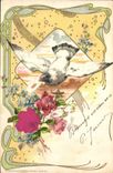CPA Fantaisie Fleurs Oiseau 