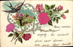 CPA Fantaisie Fleurs Hirondelle 