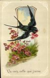CPA Fantaisie Fleurs Hirondelle 
