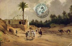 Vintage Postcard Palm trees Oasis with drill of date palms