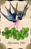 CPA Fantaisie Fleurs Hirondelles Trefles