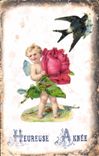 Vintage Postcard Fantasy Flowers Angel Swallow