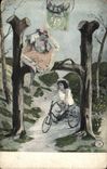 Vintage Postcard Fantaisie Woman Letters Letter H Bicycle Cycles Child