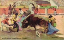 Postal Corrida Corrida de toros Caida AL descubierto allí coleo