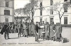 CPA Militaria Infanterie Depart de permissionnaires Publicite Gill Tailleur Bd Bonne Nouvelle Paris 