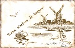 CPA Fantaisie Fleurs Moulin a vent 