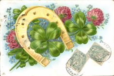 CPA Fantaisie Fleurs Fer a cheval Trefle 