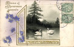 CPA Fantaisie Fleurs Cygnes 