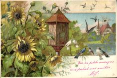 CPA Fantaisie Fleurs Oiseaux Colombes 