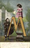 CPA Fantaisie Femme Lettres Lettre M Enfants 