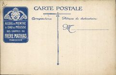 Postal Militaria Nuestros 75 en acción Publicidad Hermano Mathias Marseille Alcool de hierbabuena Agua de Toronjil